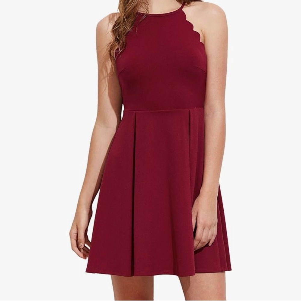 ROMWE Women's Sweet Scallop Sleeveless Flare Swing Pleated A-line Dress Maroon M - Picture 1 of 8